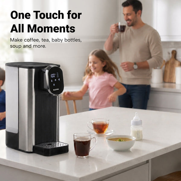A man drinks from a cup while a girl stands nearby at a white kitchen island featuring the KLEVA® Instant Hot Water Dispenser Deluxe XXL from Kleva Range. The dispenser offers custom temperature control and sits next to two cups of tea, a bowl of soup, and a baby bottle. Text on the image highlights its versatility and its large 4L water tank.