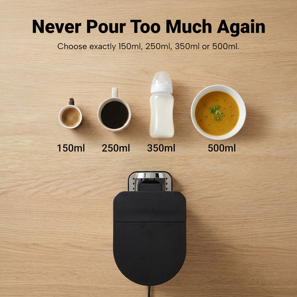 Overhead view of the KLEVA® Instant Hot Water Dispenser Deluxe XXL by Kleva Range beneath four containers: an espresso cup (150ml), a coffee mug (250ml), a baby bottle (350ml), and a bowl (500ml). Text above reads: Never Pour Too Much Again. Custom temperature control lets you enjoy every drink at the perfect temperature.