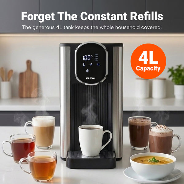 The KLEVA® Instant Hot Water Dispenser Deluxe XXL by Kleva Range, featuring a sleek stainless steel design, digital display, and spacious 4L water tank, sits on the kitchen counter surrounded by six glass mugs filled with different hot drinks. Text highlights its large capacity, customisable temperature control, and everyday convenience.
