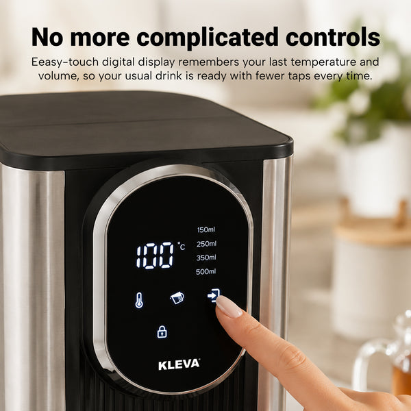 A finger presses the digital touch display on the KLEVA® Instant Hot Water Dispenser Deluxe XXL by Kleva Range, revealing temperature settings, drink volume options, and hot/cold drink icons. Text above highlights intuitive controls, precise custom temperature selection, and fast drink preparation powered by a generous 4L water tank.