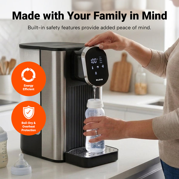 In a modern kitchen, someone fills a baby bottle with water from the KLEVA® Instant Hot Water Dispenser Deluxe XXL by Kleva Range, which features custom temperature control and a spacious 4L tank. Text highlights its energy efficiency, along with boil-dry and overheat protection. Other kitchen items can be seen in the background.