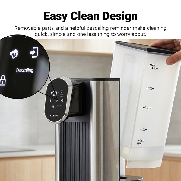 The KLEVA® Instant Hot Water Dispenser Deluxe XXL by Kleva Range displays a “Descaling” reminder on its screen. A hand is shown removing the spacious 4L water tank, which features convenient measurement markings. Text above highlights the easy-clean design and built-in descaling reminder functionality.