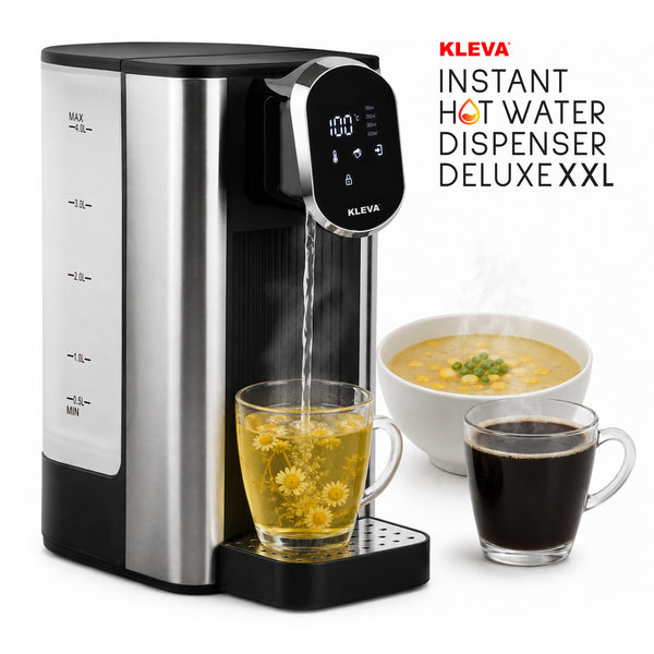 A KLEVA® Instant Hot Water Dispenser Deluxe XXL by Kleva Range, featuring a spacious 4L water tank, dispenses hot water into a glass cup. Beside it sit a cup of black coffee and a bowl of soup. The product name is displayed on the right side of the image, highlighting the dispenser’s convenient custom temperature control feature.