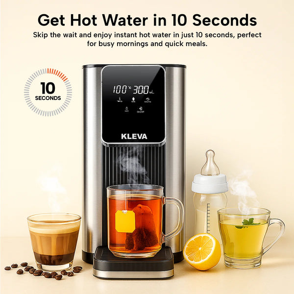 Kleva instant hot water dispenser delivering hot water in 10 seconds for tea coffee and baby formula
