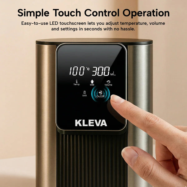 digital touchscreen control panel on instant hot water dispenser with temperature and volume settings