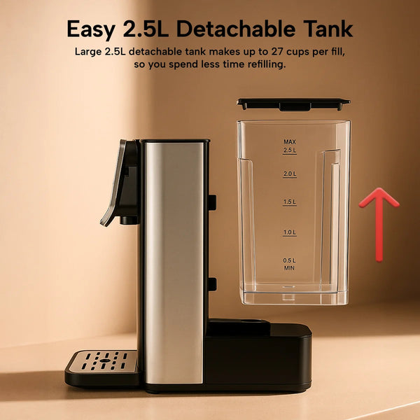 2.5 litre detachable water tank on instant hot water dispenser for fewer refills and easy use