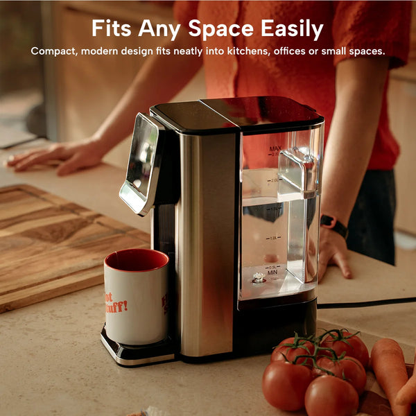 compact instant hot water dispenser fitting neatly on kitchen bench with modern space saving design