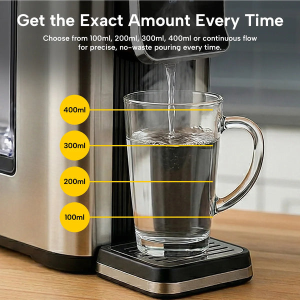 instant hot water dispenser with precise volume control from 100ml to continuous flow for no water waste