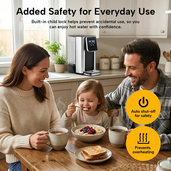instant hot water dispenser with safety features for everyday family use in the kitchen