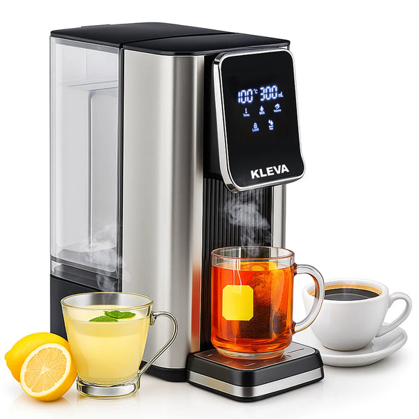 Kleva instant hot water dispenser serving tea coffee and hot drinks in a modern kitchen setting
