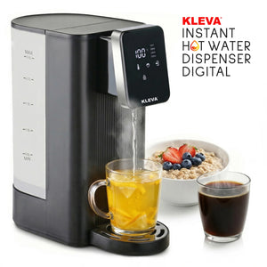 Kleva instant hot water dispenser digital with touch display pouring tea and coffee on kitchen bench