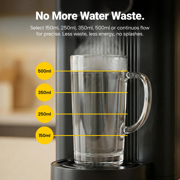 A glass mug sits on the Kleva® Instant Hot Water Dispenser Digital by Kleva Range. Steam rises, and yellow lines mark 150ml, 250ml, 350ml, and 500ml for energy-efficient use. Selectable volumes are highlighted for convenience.