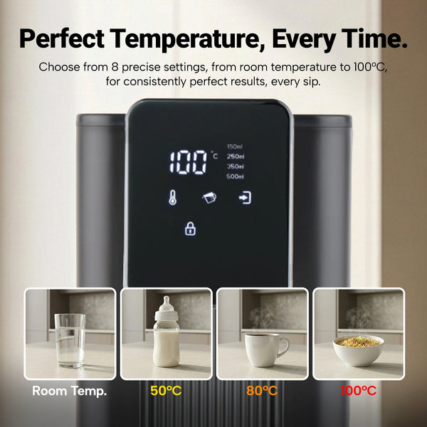 The Kleva Range Kleva® Instant Hot Water Dispenser Digital shows 100°C on its screen, with images of water at room temp, 50°C for baby bottles, 80°C for tea, and 100°C for noodles—offering precise control with 8 adjustable settings.