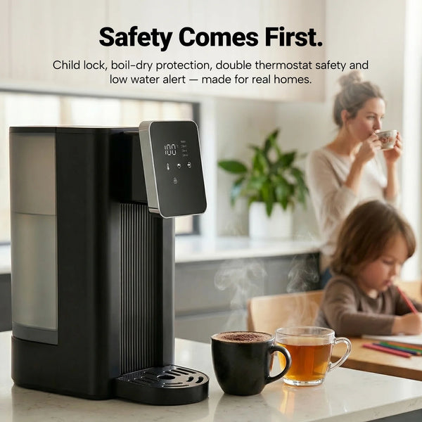 Safe hot water dispenser with child lock and boil dry protection in family kitchen environment