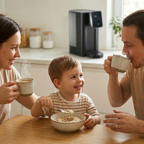 Family using instant hot water dispenser for breakfast with tea coffee and oatmeal in modern kitchen