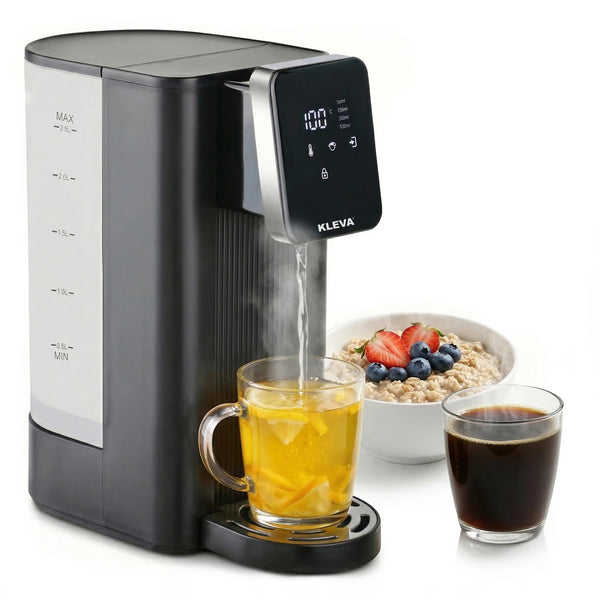 Kleva digital hot water dispenser appliance with LCD display serving tea coffee and breakfast setup
