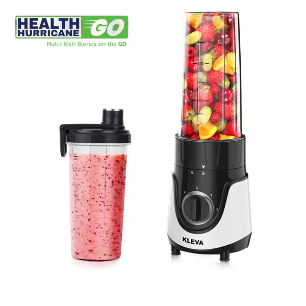 Kleva blender with a container of fruit and a smoothie, branded as Health Hurricane Go.