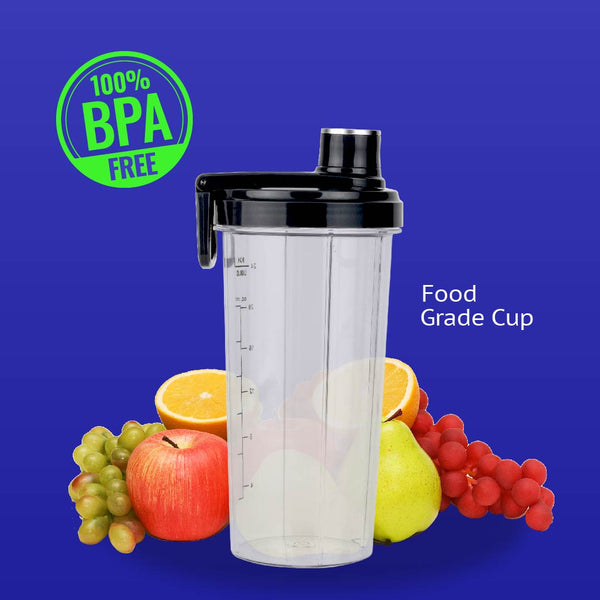 The Kleva Range Health Hurricane GO™ Personal Blender with 700ml bottle, shown before apples, pears, oranges, and grapes, boasts a black lid and "100% BPA FREE" plus "Food Grade Cup" labels—ideal for on-the-go smoothies.