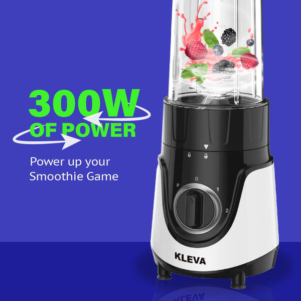 A black and white Kleva Range Health Hurricane GO™ Personal Blender with a transparent 700ml bottle blends assorted berries and liquid. Bold text reads 300W of Power—perfect for blending smoothies on the go, anytime, anywhere.