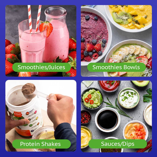 A collage with four sections: a glass of pink smoothie made with the Kleva Range Health Hurricane GO™ Personal Blender, smoothie bowls topped with fruit, scooping protein powder, and assorted sauces and dips in bowls—all clearly labeled.