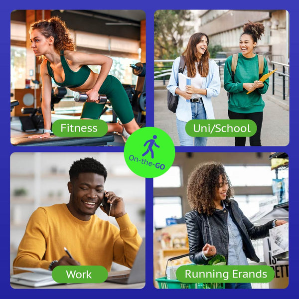 A collage with four labeled images: a woman lifting weights (Fitness) using the Kleva Range Health Hurricane GO™ Personal Blender with 700ml Bottle, two people walking (Uni/School), someone on the phone writing notes (Work), and a woman grocery shopping (Running Errands).