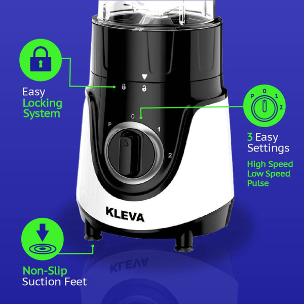 The Kleva Range Health Hurricane GO™ Personal Blender with 700ml bottle, shown in black and white against a blue background, features an easy locking system, three speeds (high/low/pulse), and non-slip suction feet—ideal for smoothies on the go.