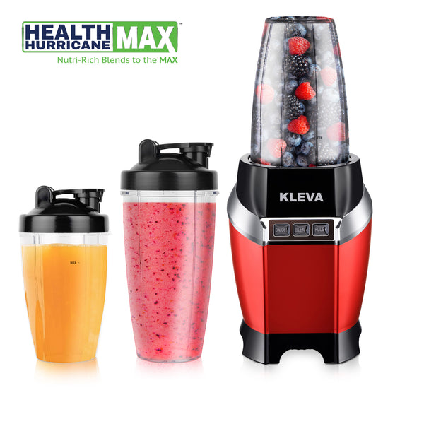 Kleva blender with two cups containing smoothies and a Health Hurricane Max logo.