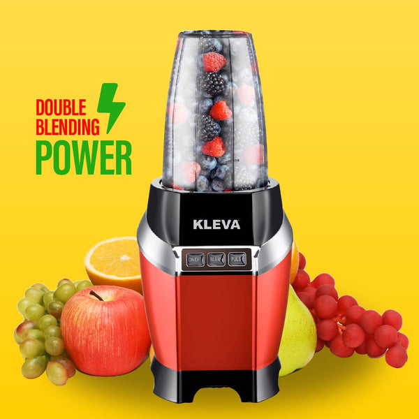A red and black Kleva Range Health Hurricane Max™ 1000W Blender with Dual Cups, filled with berries, sits on a yellow background amid grapes, an apple, orange, pear, and red currants. Text: Double Blending Power.