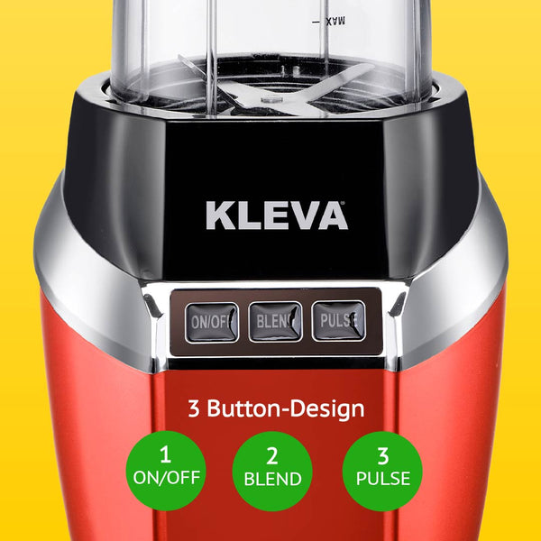 Close-up of the Kleva Range Health Hurricane Max™ Blender base in red and black, showing ON/OFF, BLEND, and PULSE buttons. The yellow background highlights its modern look and powerful 1000W motor. Comes with dual cups for on-the-go nutrition.