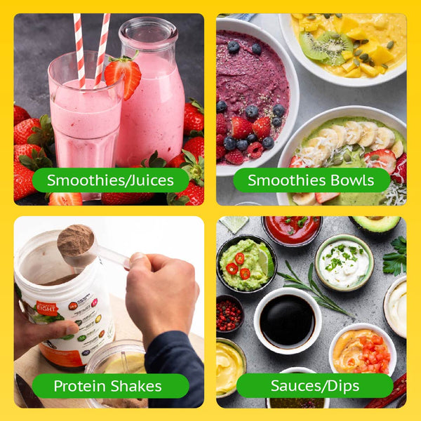 A collage shows the Kleva Range Health Hurricane Max™ 1000W Blender making pink strawberry smoothies, fruit smoothie bowls, protein shakes with dual cups, and assorted sauces/dips. Labels: Smoothies/Juices, Smoothie Bowls, Protein Shakes, Sauces/Dips.