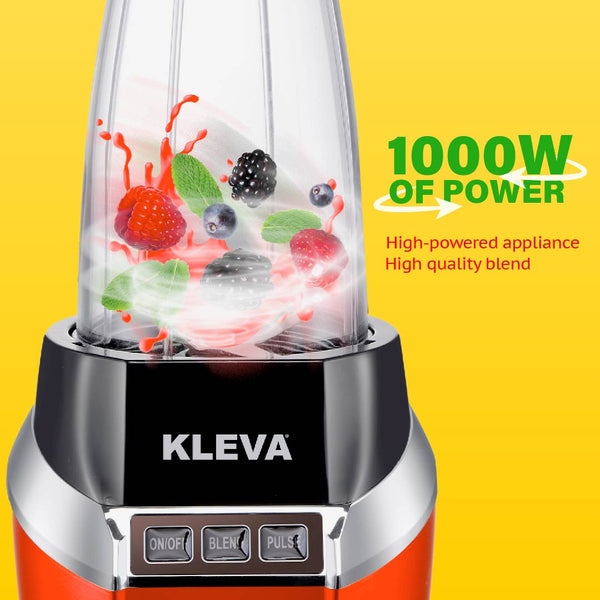 A close-up of the Kleva Range Health Hurricane Max™ Powerful 1000W Blender with Dual Cups shows berries, mint, and liquid inside. Text reads “1000W of power” and “High-powered appliance, High quality blend.” ON/OFF, BLEND, PULSE buttons are visible.