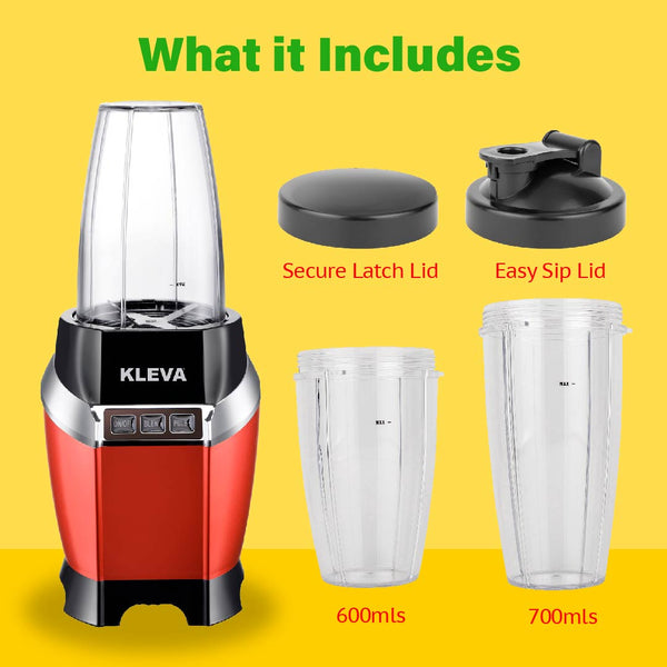 The Kleva Range Health Hurricane Max™ Powerful 1000W Blender is featured with two clear cups (600ml & 700ml), a secure latch lid, and an easy sip lid on a yellow background with the text “What it Includes.”.