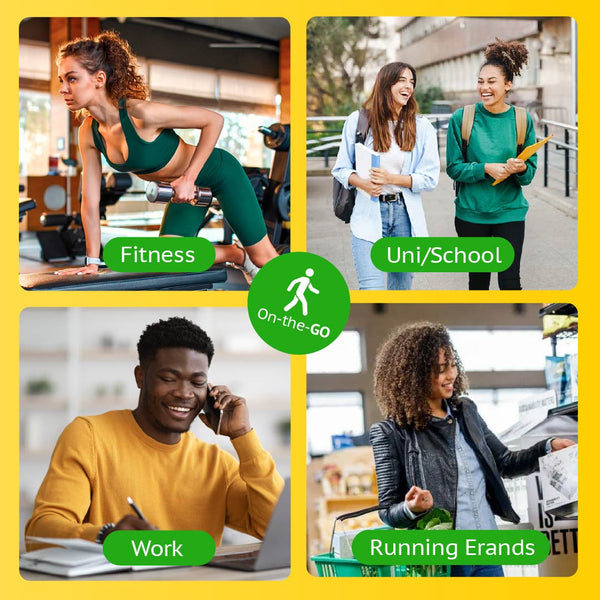 A collage of four images: Fitness, Uni/School, Work, and Running Errands—all featuring the Kleva Range Health Hurricane Max™ 1000W Blender with dual cups for on-the-go nutrition.
