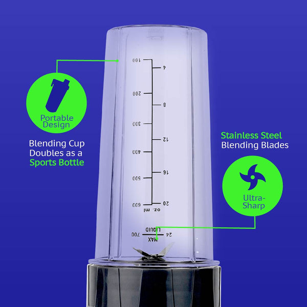 A close-up of the Kleva Range Health Hurricane GO™ Personal Blender with 700ml bottle, shown upside down with measurement markings. Green labels highlight its portable design and stainless steel blades—ideal for smoothies on the go against a solid blue background.