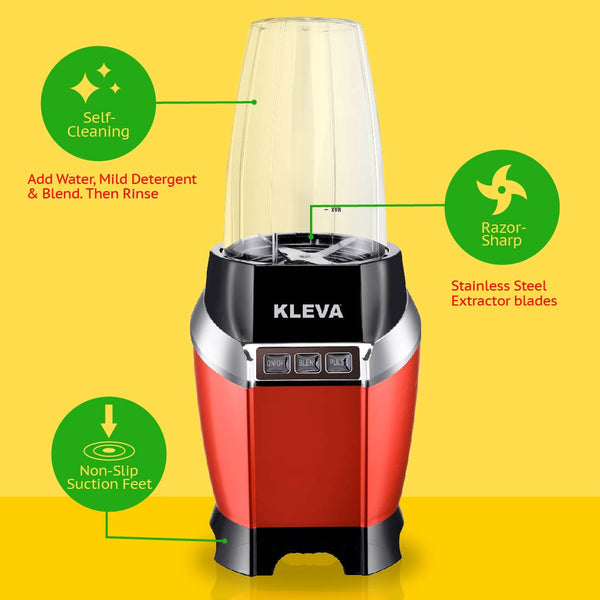 The Kleva Range Health Hurricane Max™ Powerful 1000W Blender features dual cups for on-the-go nutrition, razor-sharp stainless steel blades, self-cleaning, and non-slip suction feet—shown in red and silver against a yellow background.