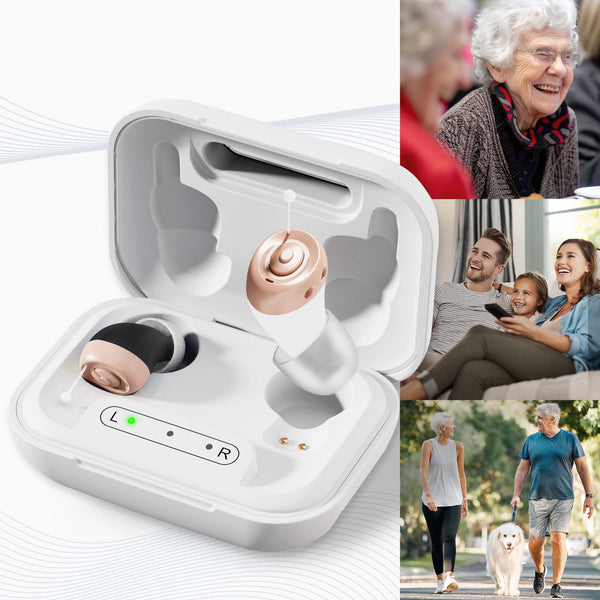 On the left, the Kleva Range HearClear Mini Rechargeable Hearing Sound Amplifier pair is displayed in a charging case. On the right, seniors and families enjoy activities together, such as dog walking and relaxing on a couch.