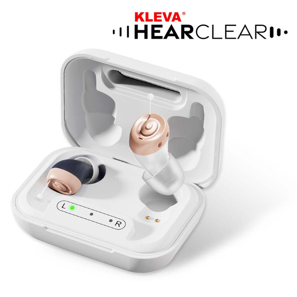 A white charging case holds a Kleva Range HearClear Mini Rechargeable Hearing Sound Amplifier with metallic black and gold accents. “Kleva HearClear” appears in the top right corner above the compact hearing aid inside.
