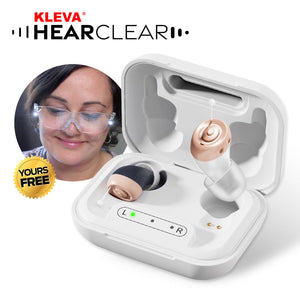 Kleva HearClear hearing aid with charging case on a white background