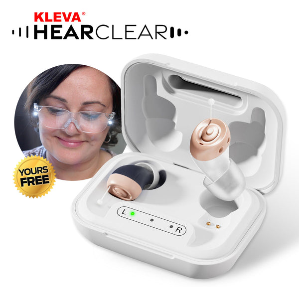 Kleva HearClear hearing aid with charging case on a white background