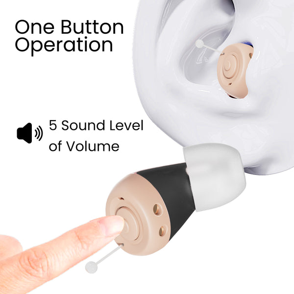 A close-up shows the Kleva HearClear Mini Rechargeable Hearing Sound Amplifier by Kleva Range in an ear, with a finger pressing its button. Text reads One Button Operation and 5 Sound Level of Volume beside a speaker icon.