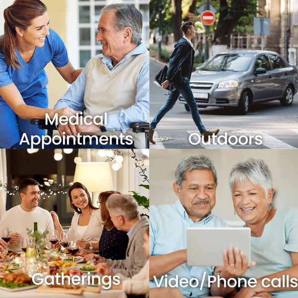 A collage of four images shows situations aided by the Kleva Range HearClear Mini Rechargeable Hearing Sound Amplifier: a nurse with an elderly man (Medical Appointments), a person outdoors, group dining (Gatherings), and seniors on video calls.