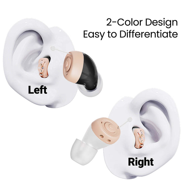 The Kleva Range HearClear Mini Rechargeable Hearing Sound Amplifier is shown in two in-ear models: black & beige (left), beige & white (right). Text: "2-Color Design Easy to Differentiate. Left. Right.