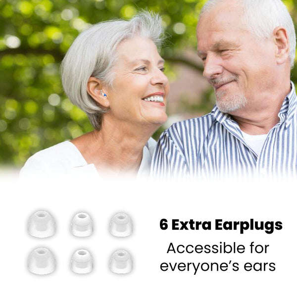 An older couple smiles outdoors. Below, six earplugs are shown with the text: “6 Extra Earplugs. Accessible for everyone’s ears—perfect with any discreet Kleva Range HearClear Mini Rechargeable Hearing Sound Amplifier.”.