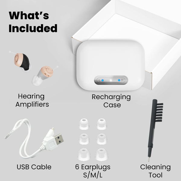 A display shows the Kleva Range HearClear Mini Rechargeable Hearing Sound Amplifier with two discreet aids, a recharging case, USB cable, six assorted earplugs, and a cleaning tool on a light background.