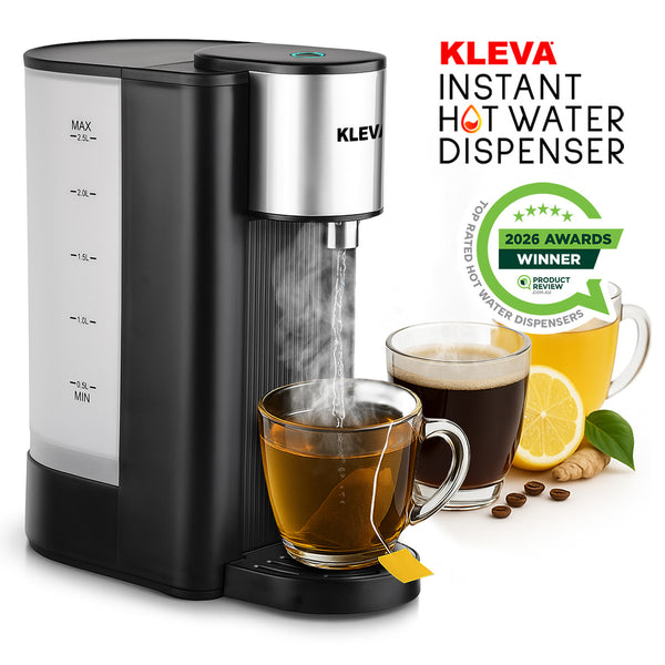 Kleva instant hot water dispenser with two cups of tea and a lemon, featuring an award badge.