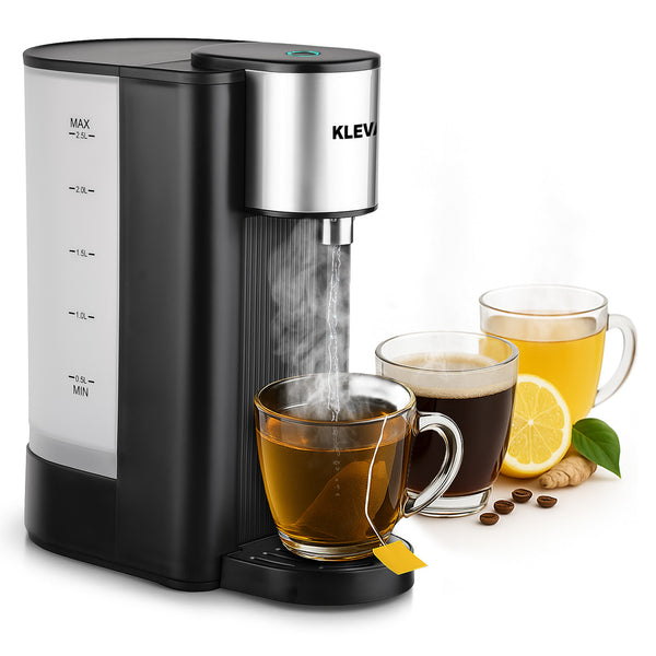 Kleva tea maker with steaming cup of tea and glasses of coffee on a white background