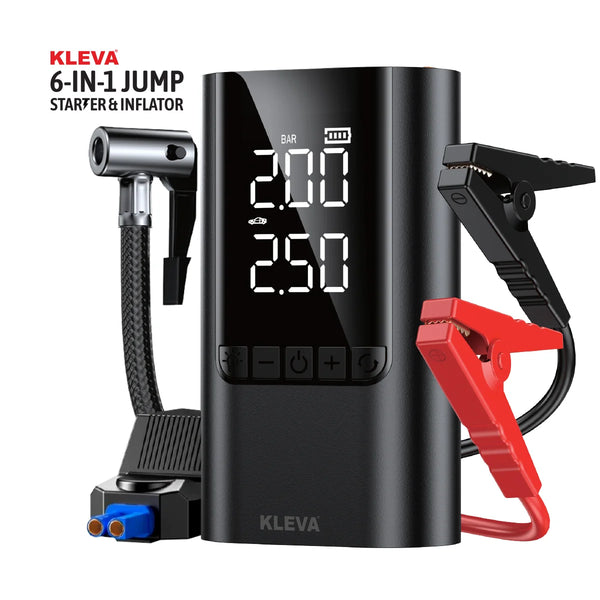Kleva 6-in-1 jump starter and tyre inflator with digital LCD display and battery clamps