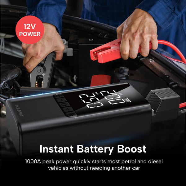 Portable 12V car jump starter boosting vehicle battery with heavy-duty clamps in engine bay