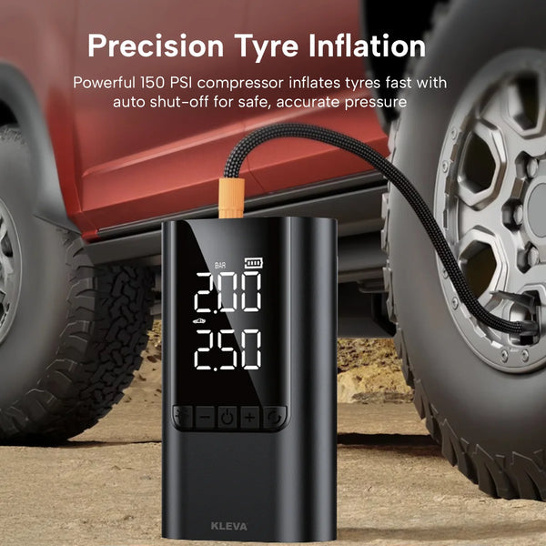 Kleva portable tyre inflator with 150 PSI compressor inflating car tyre outdoors