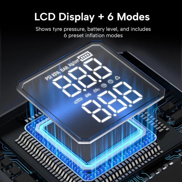 Digital LCD display tyre inflator showing pressure readings and preset modes interface